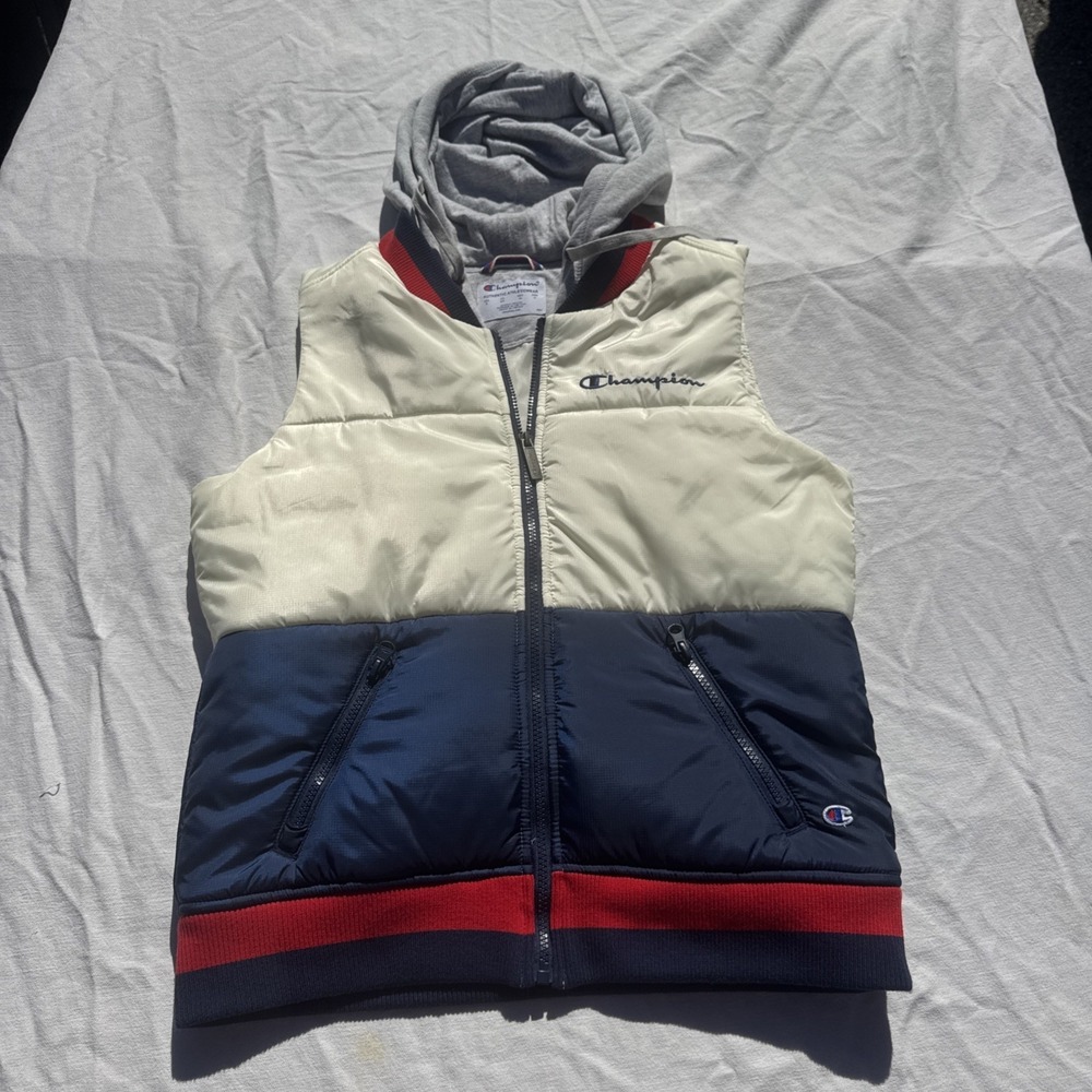 Retro Champion Zip Up Hooded Puffer Vest Red White Blue Zip pockets Lined Small
